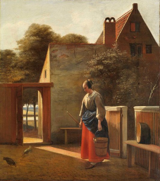 Maid with bucket in a courtyard, vintage artwork by Pieter de Hooch, 12x8" (A4) Poster