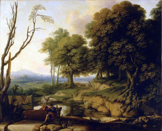 Lanscape with a Flute Player, vintage artwork by Laurent de La Hyre, 12x8" (A4) Poster