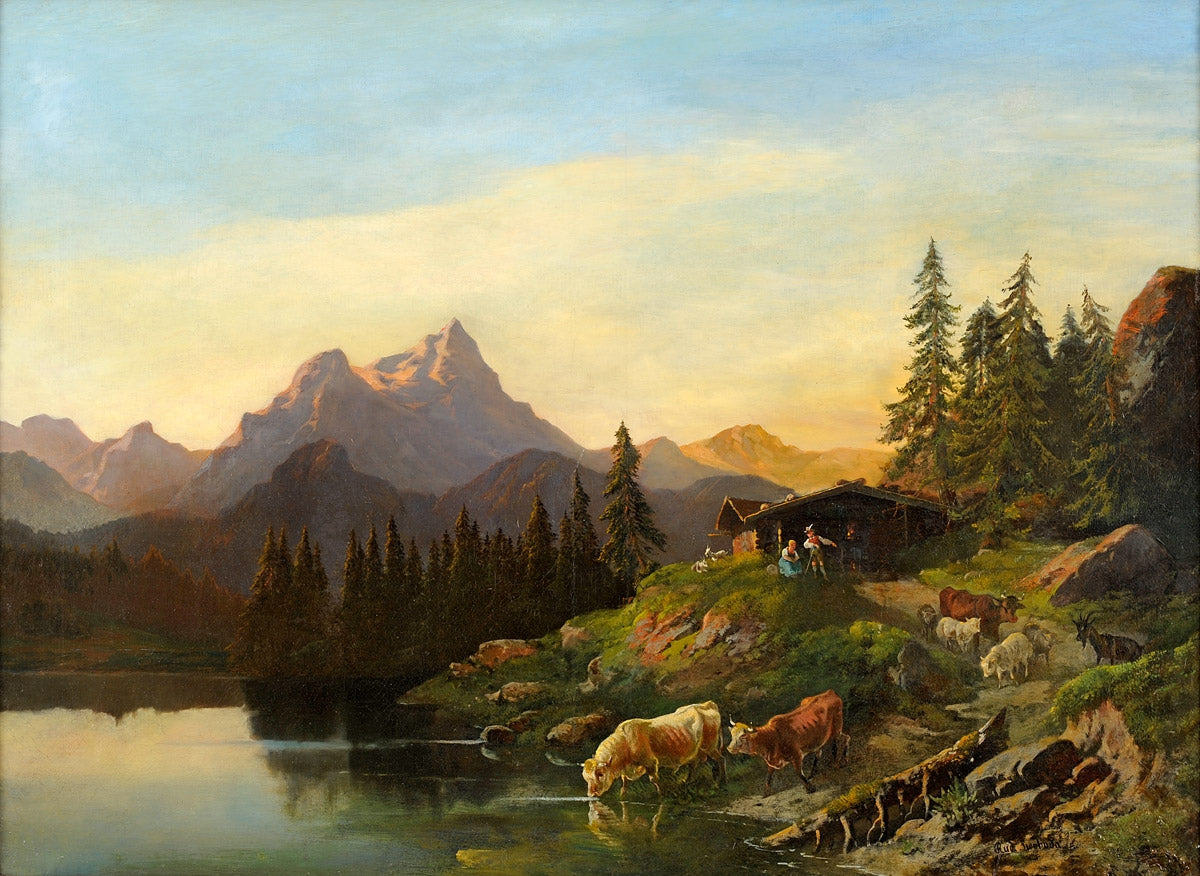 Alpine lake with mountain hut, vintage artwork by Rudolph Swoboda, A3 (16x12") Poster Print