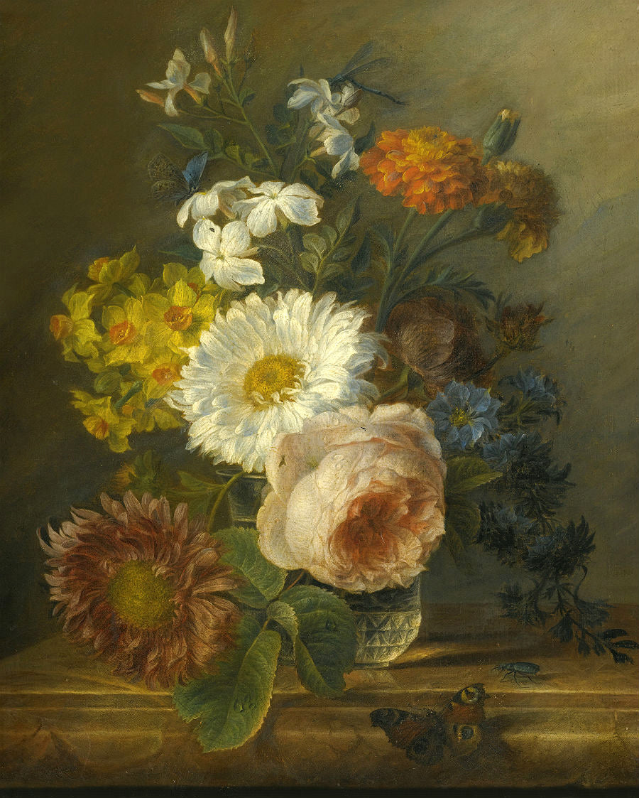 Still life with daffodils, rose and other flowers in a vase with a butterfly, dragonfly and a beetle, vintage artwork by Jan Frans van Dael, 12x8" (A4) Poster