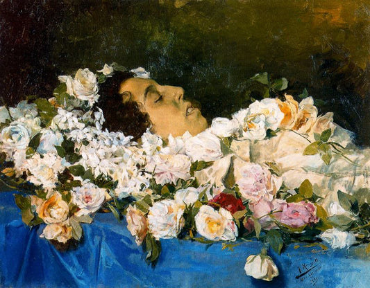 Mujer muerta rodeada de flores, vintage artwork by Jose Mongrell Torrent, 12x8" (A4) Poster