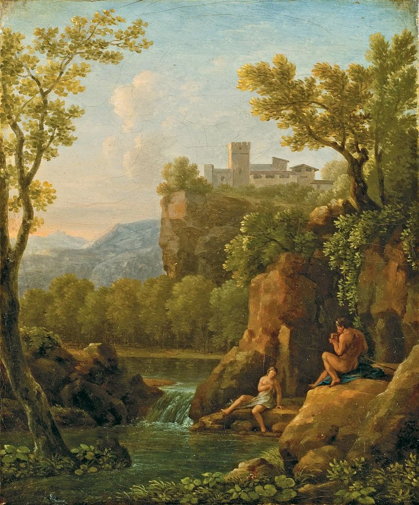 Landscape with Pan Playing the Flute for a Nymph, vintage artwork by Jean-Joseph-Xavier Bidauld, 12x8" (A4) Poster