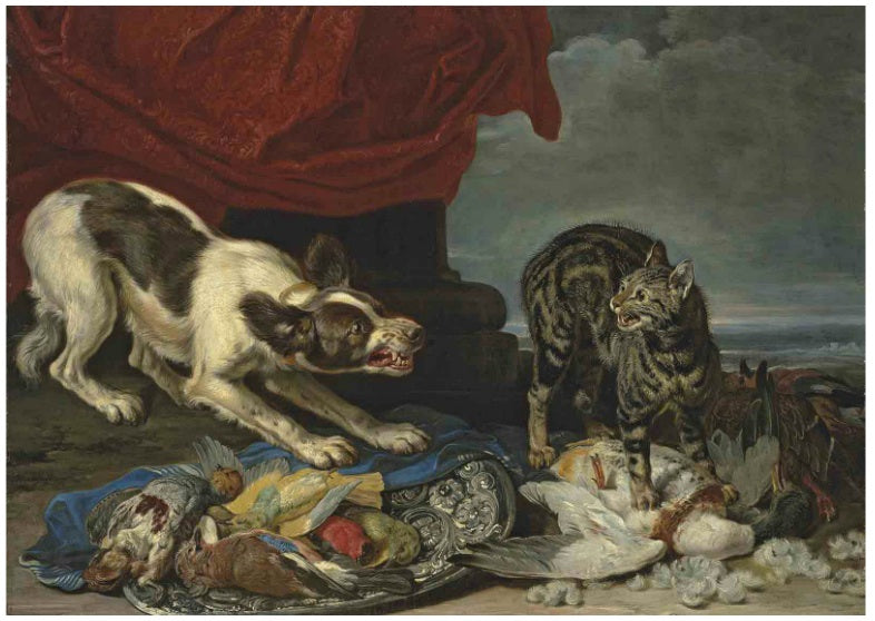 A cat and a dog fighting over fowl, a column with draped curtain and coastal landscape beyond, vintage artwork by David de Coninck, 12x8" (A4) Poster