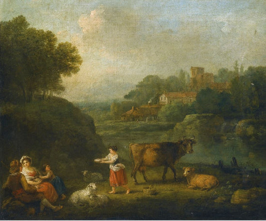 Landscape with Milkmaids Resting on the Banks of a River, vintage artwork by Francesco Zuccarelli, 12x8" (A4) Poster