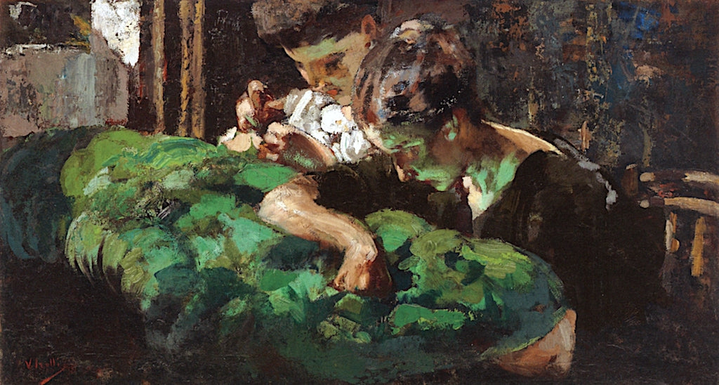 A Woman and Child Sewing, vintage artwork by Vincenzo Irolli, 12x8" (A4) Poster