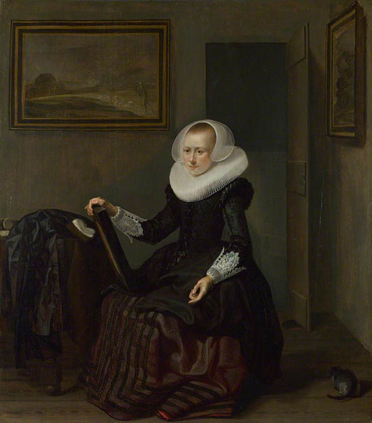 A Woman Holding a Mirror, vintage artwork by Pieter Codde, 12x8" (A4) Poster