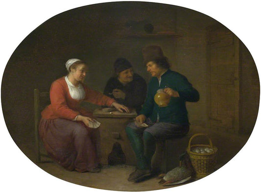 A Woman Playing Cards with Two Peasants, vintage artwork by Hendrik Martensz. Sorgh, 12x8" (A4) Poster