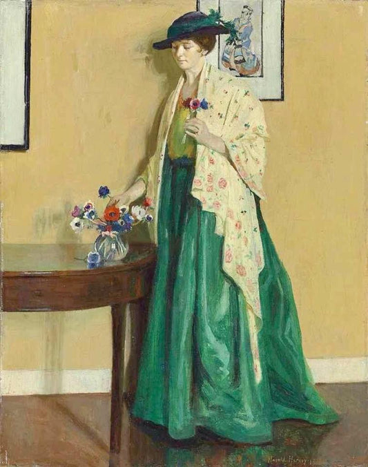Lady in an interior arranging flowers, vintage artwork by Harold Charles Francis Harvey, 12x8" (A4) Poster