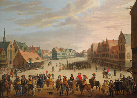 Prince Maurice of Orange dismissing the mercenaries in Neude Square in Utrecht on 31 July 1618, vintage artwork by Joost Cornelisz. Droochsloot, 12x8" (A4) Poster