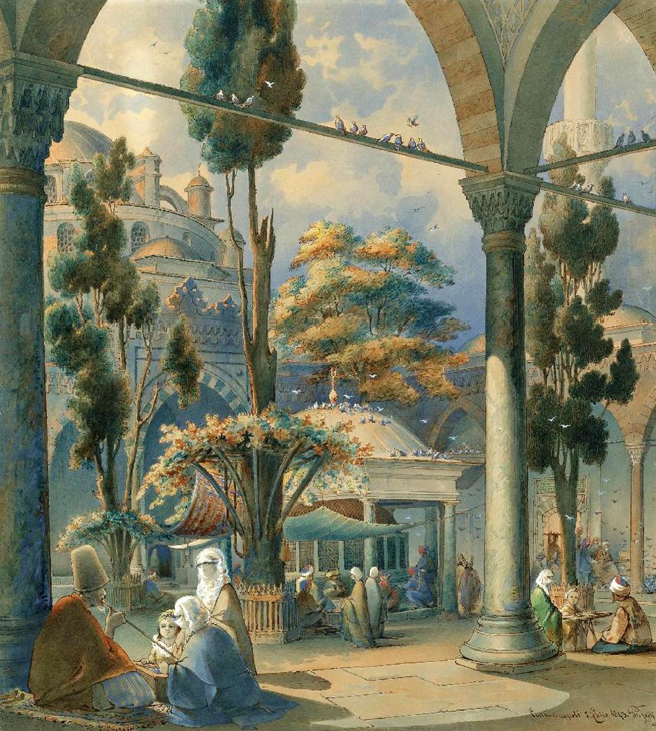 The courtyard of the Sultan Beyazıt Camii, Constantinople, vintage artwork by Count Amadeo Preziosi, A3 (16x12") Poster Print