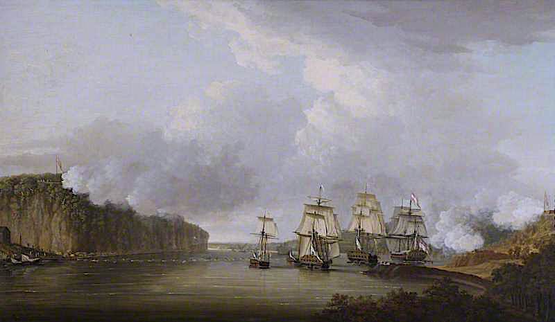 Forcing the Boom on the Hudson River, 9 October 1776, vintage artwork by Dominic Serres, 12x8" (A4) Poster