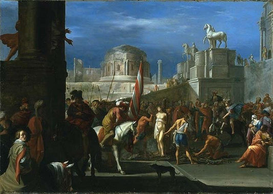 Clorinda Saving Olinda and Sophronia from the Stake, vintage artwork by Cornelis van Poelenburgh, 12x8" (A4) Poster