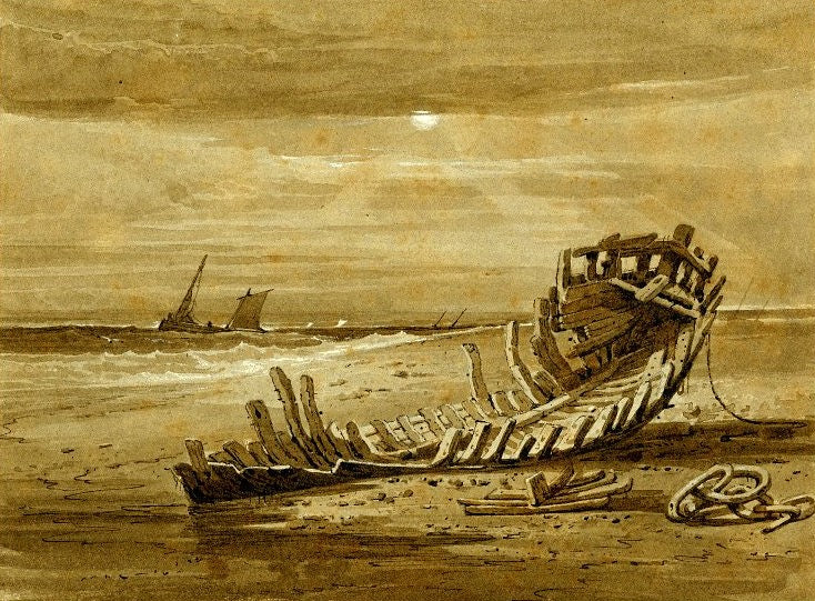 Coast scene with wreck in foreground, vintage artwork by Samuel Prout, 12x8" (A4) Poster