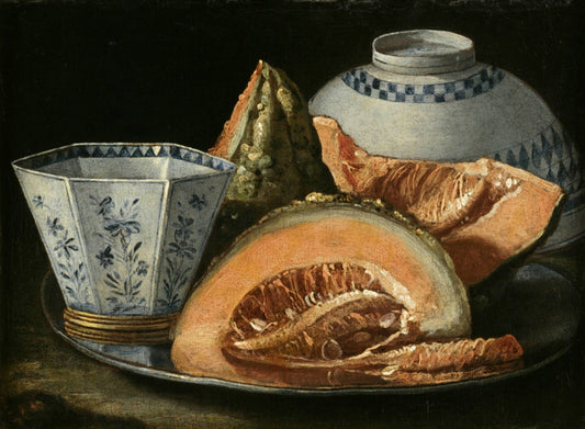 A Still-Life with Melon, an Octagonal Blue and White Cup on a Silver Charger,, vintage artwork by Cristoforo Munari, 12x8" (A4) Poster