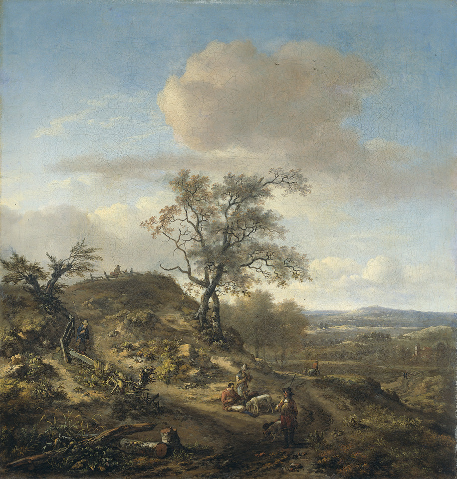 Landscape with a Hunter and Figures, vintage artwork by Jan Wijnants, 12x8" (A4) Poster
