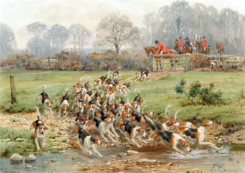Hounds crossing a stream, vintage artwork by George Goodwin Kilburne, 12x8" (A4) Poster