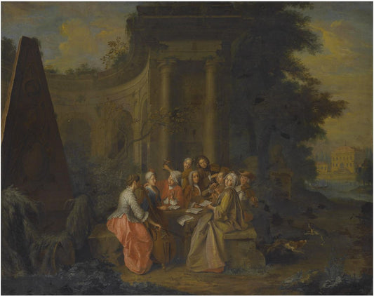 An elegant musicial company beside classical ruins, vintage artwork by Peter Jacob Horemans, 12x8" (A4) Poster