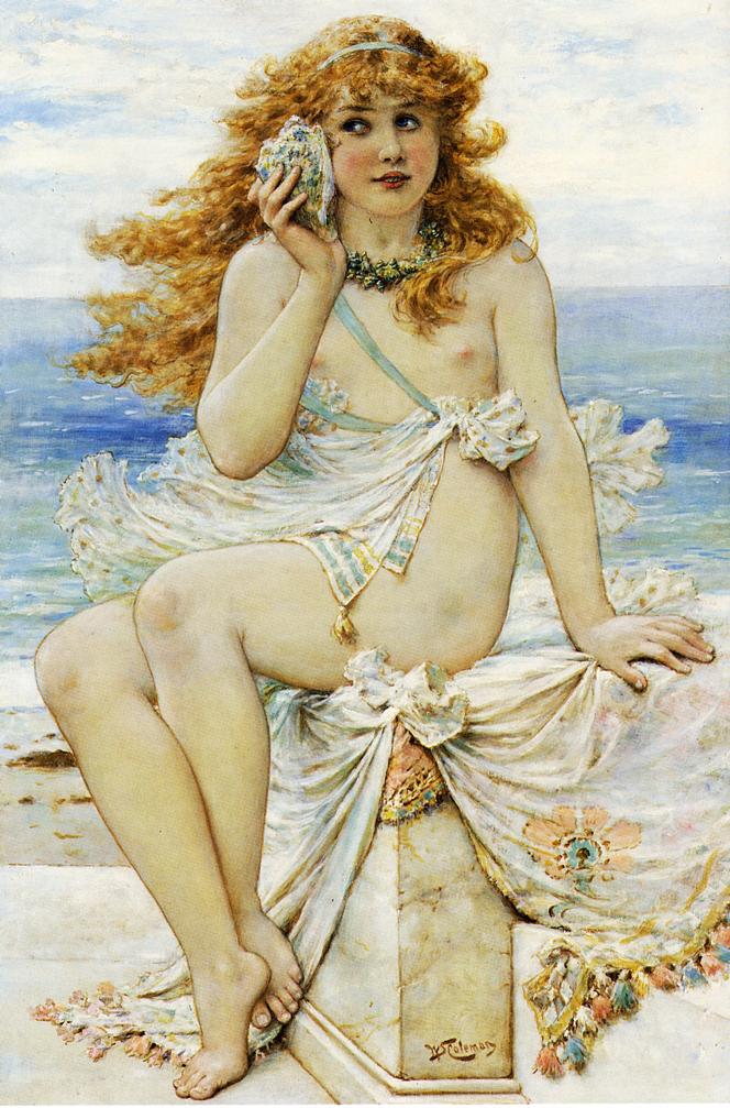 Nymph with Conch Shell, vintage artwork by William Stephen Coleman, 12x8" (A4) Poster