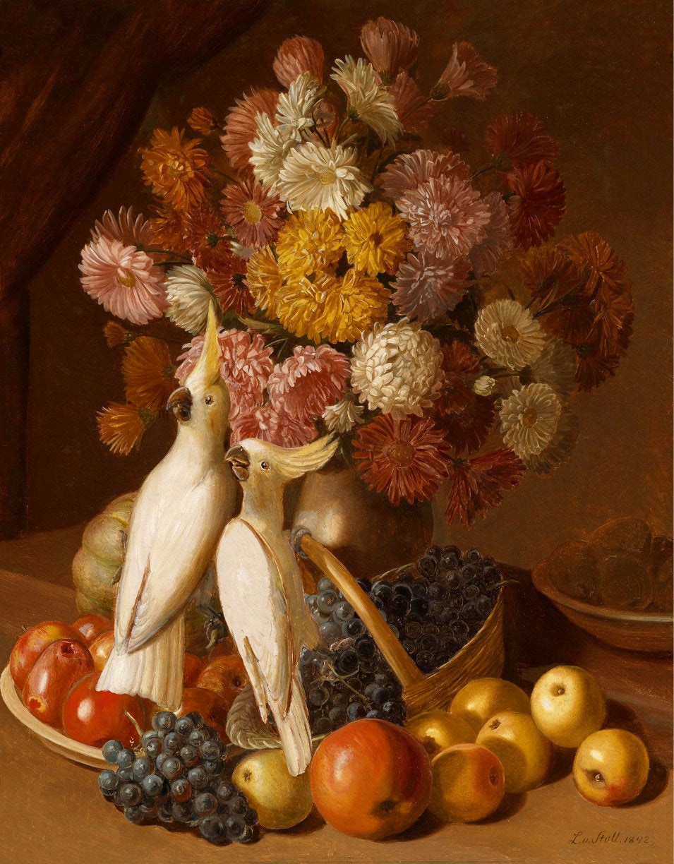 Still-life with two parrots, vintage artwork by Leopold von Stoll, 12x8" (A4) Poster