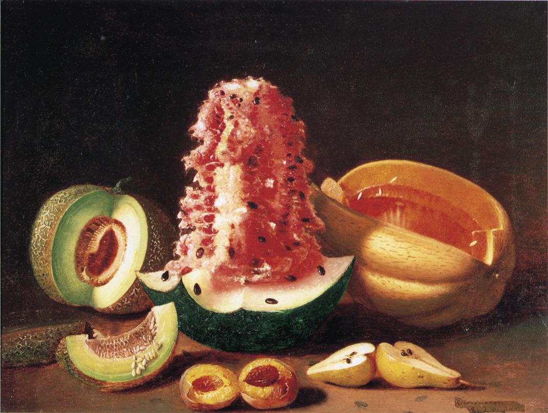 Still Life with Melons, Pear and Peach, vintage artwork by Edward Edmondson, 12x8" (A4) Poster