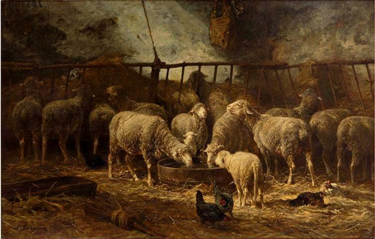 Large Sheep Barn, vintage artwork by Charles-Émile Jacque, A3 (16x12") Poster Print