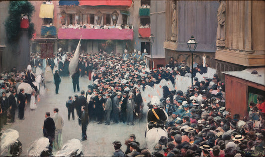 The Corpus Christi Procession Leaving the Church of Santa Maria del Mar, vintage artwork by Ramon Casas y Carbó, 12x8" (A4) Poster