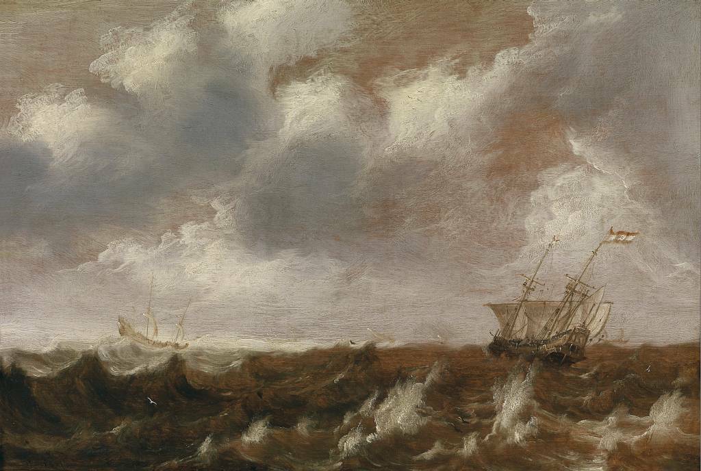 Dutch Ships in a Storm, vintage artwork by Pieter van der Croos, 12x8" (A4) Poster