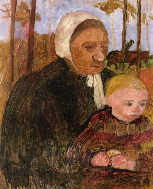 Farmwoman with Child, Rider in the Background, vintage artwork by Paula Modersohn-Becker, 12x8" (A4) Poster