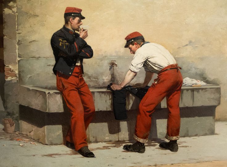 Soldats au lavoir, vintage artwork by Jules Monge, 12x8" (A4) Poster