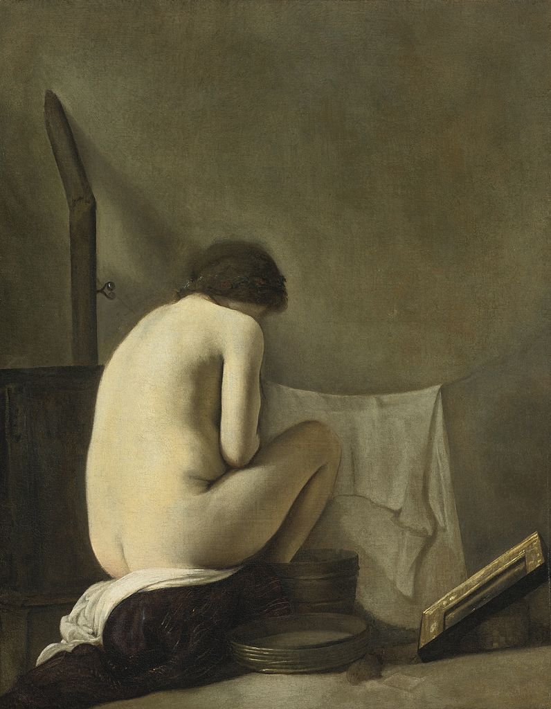 Seated Nude Bathing by  the Stove, vintage artwork by Paulus Bor, 12x8" (A4) Poster