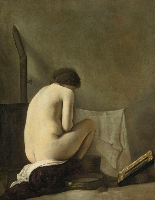Seated Nude Bathing by  the Stove, vintage artwork by Paulus Bor, 12x8" (A4) Poster