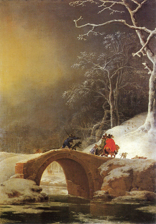 Winter Landscape with Huntsmen on a Bridge, vintage artwork by Jan Asselijn, 12x8" (A4) Poster