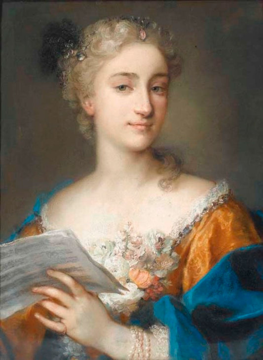 Portrait of a woman holding a musical score, vintage artwork by Rosalba Carriera, 12x8" (A4) Poster