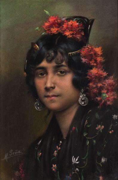 Young Andalusian Girl, vintage artwork by Maximino Peña Muñoz, 12x8" (A4) Poster