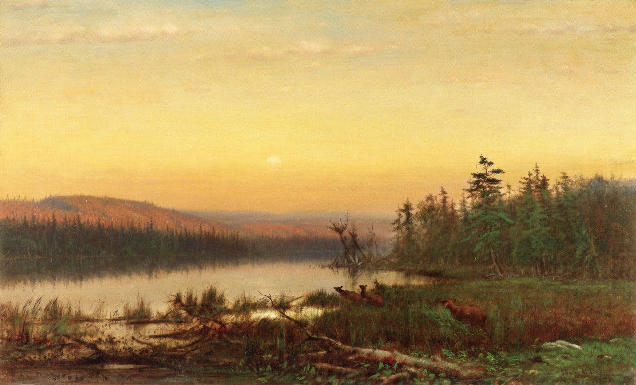 Twilight with Deer at Lake's Edge, vintage artwork by James McDougal Hart, 12x8" (A4) Poster