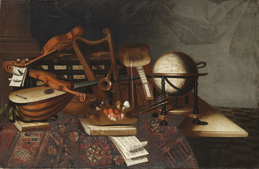 A painter's palette and brushes, musical instruments, books, a globe and two chests, on a table partly draped with a carpet, vintage artwork by Bartolomeo Bettera, 12x8" (A4) Poster