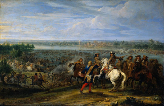 Crossing of the Rhine by  French Troops, vintage artwork by Adam Frans van der Meulen, 12x8" (A4) Poster