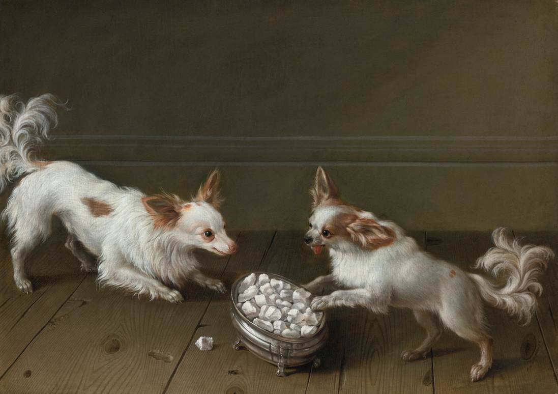 Two Toy Spaniels at a Sugar Bowl, vintage artwork by Johann Friedrich Grooth, 12x8" (A4) Poster