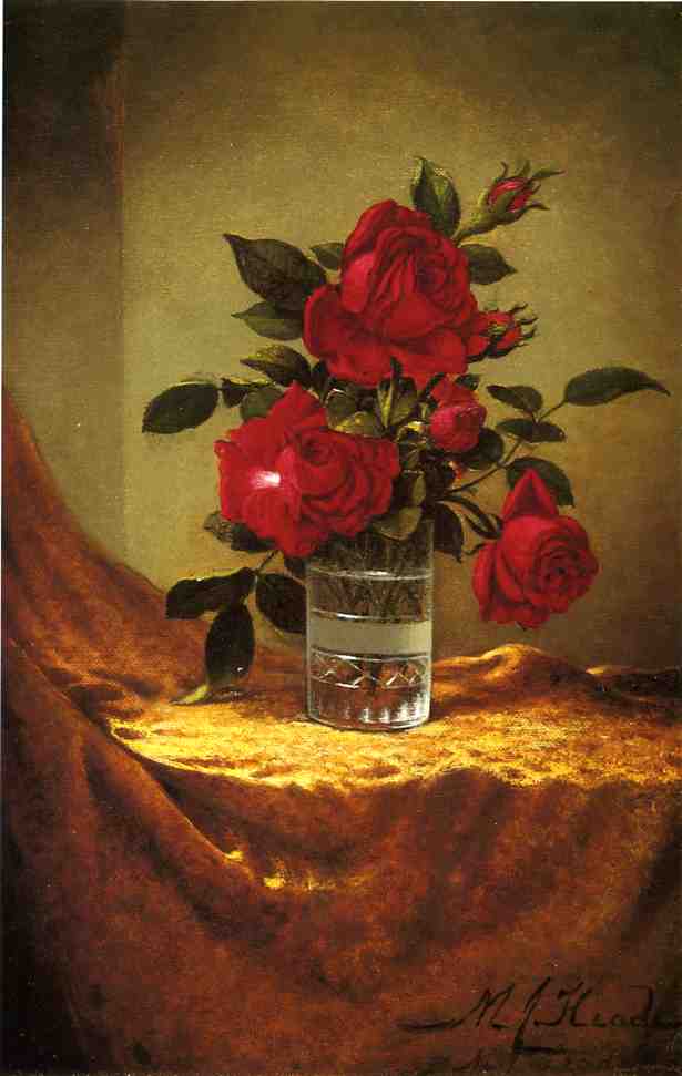 A Glass of Roses on Gold Cloth, vintage artwork by Martin Johnson Heade, A3 (16x12