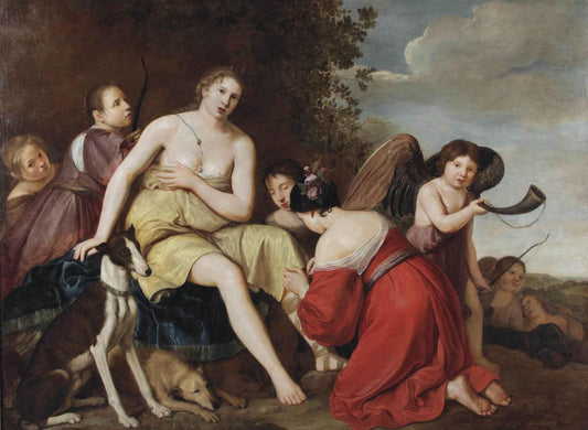 Diana and her companions preparing for hunting, vintage artwork by Peter Danckerts de Rij, 12x8" (A4) Poster