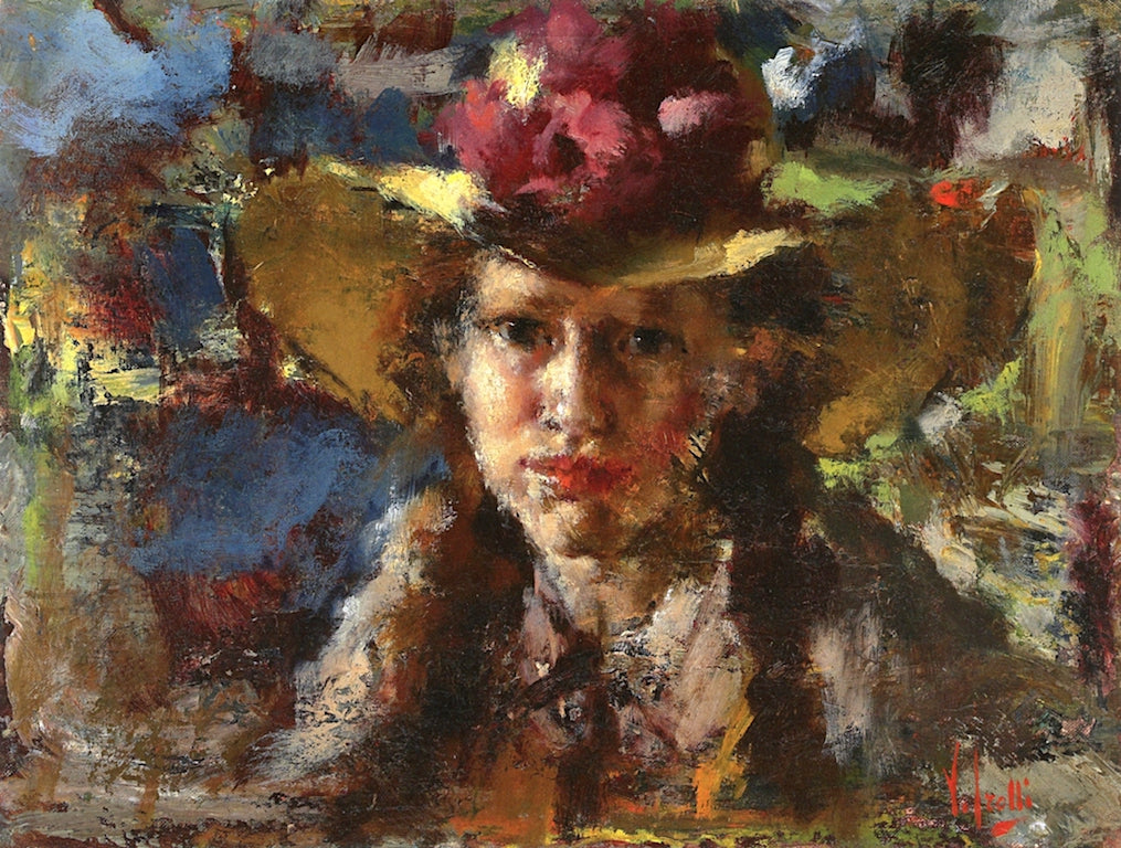 Portrait of a Young Lady with a Hat, vintage artwork by Vincenzo Irolli, 12x8" (A4) Poster