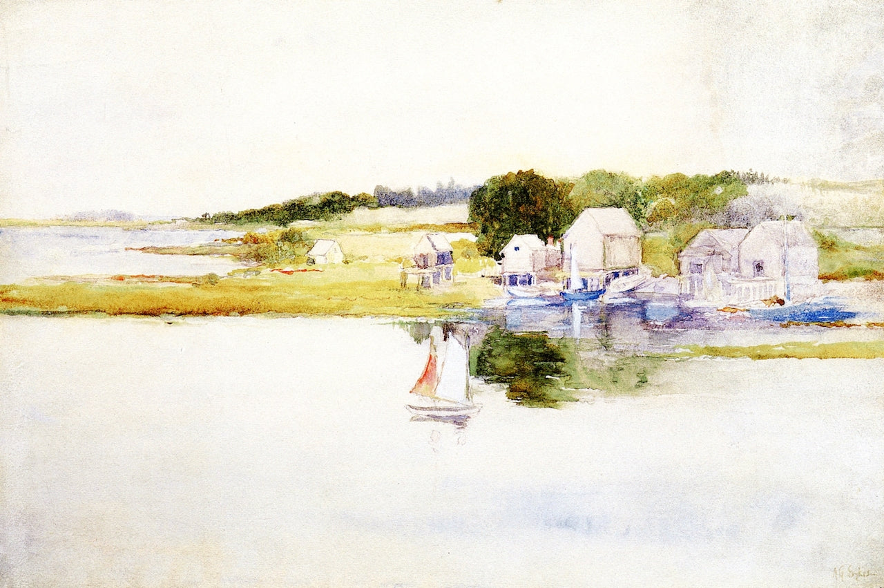 Sailboats and Boathouses, Cape Porpoise, Maine, vintage artwork by Annie G. Sykes, 12x8" (A4) Poster