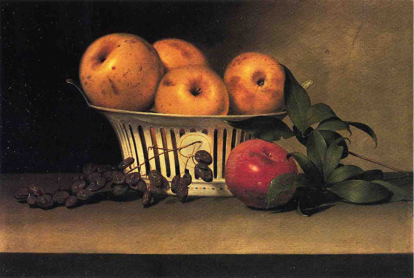 Still Life with Raisins, Yellow and Red Apples in Porcelain Basket, vintage artwork by Raphaelle Peale, 12x8" (A4) Poster
