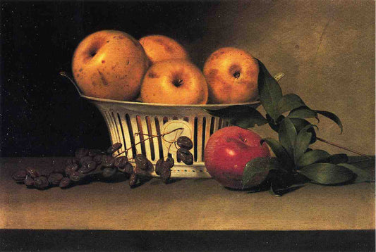 Still Life with Raisins, Yellow and Red Apples in Porcelain Basket, vintage artwork by Raphaelle Peale, 12x8" (A4) Poster