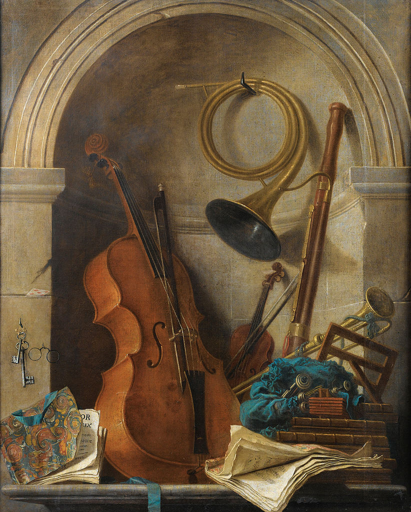 Still life in trompe l’œil with musical instruments and the book of Castor and Pollux, vintage artwork by Nicolas Henri Jeaurat de Bertry, 12x8" (A4) Poster