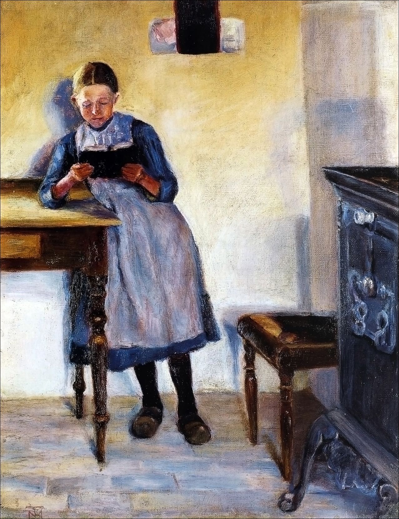 Interior with a little girl in blue dress, reading a book, vintage artwork by Marie Triepcke Kroyer, 12x8" (A4) Poster