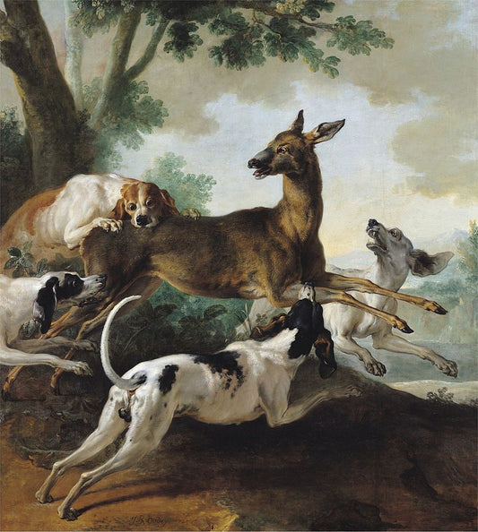 A Deer Chased by  Dogs, vintage artwork by Jean-Baptiste Oudry, 12x8" (A4) Poster