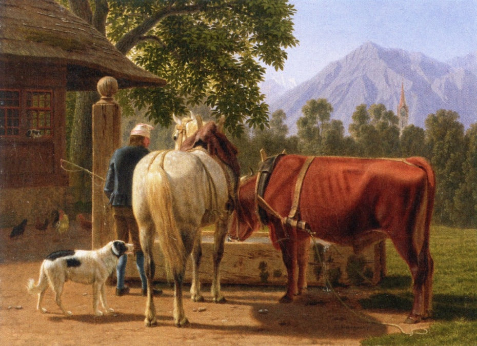 A Horse and Cow at a Well, in the Background Mountain Peak Niesen, vintage artwork by Johannes Jakob Biedermann, 12x8" (A4) Poster