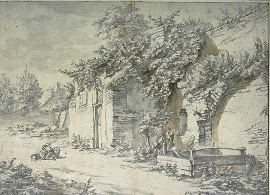 A Hut in a Rustic Court, vintage artwork by Pieter Mulier the Younger, 12x8" (A4) Poster