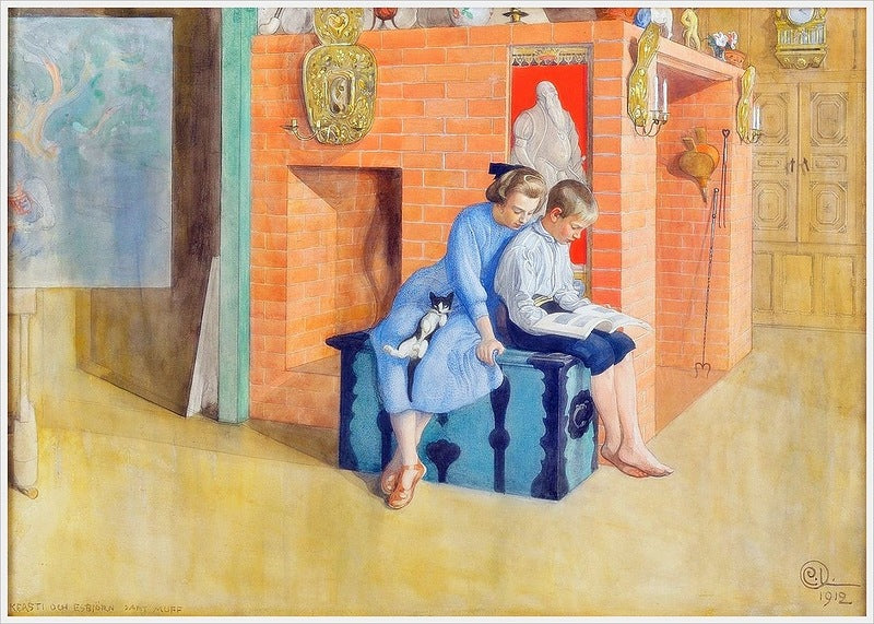 Kersti, Esbjorn and Muff, vintage artwork by Carl Larsson, 12x8" (A4) Poster